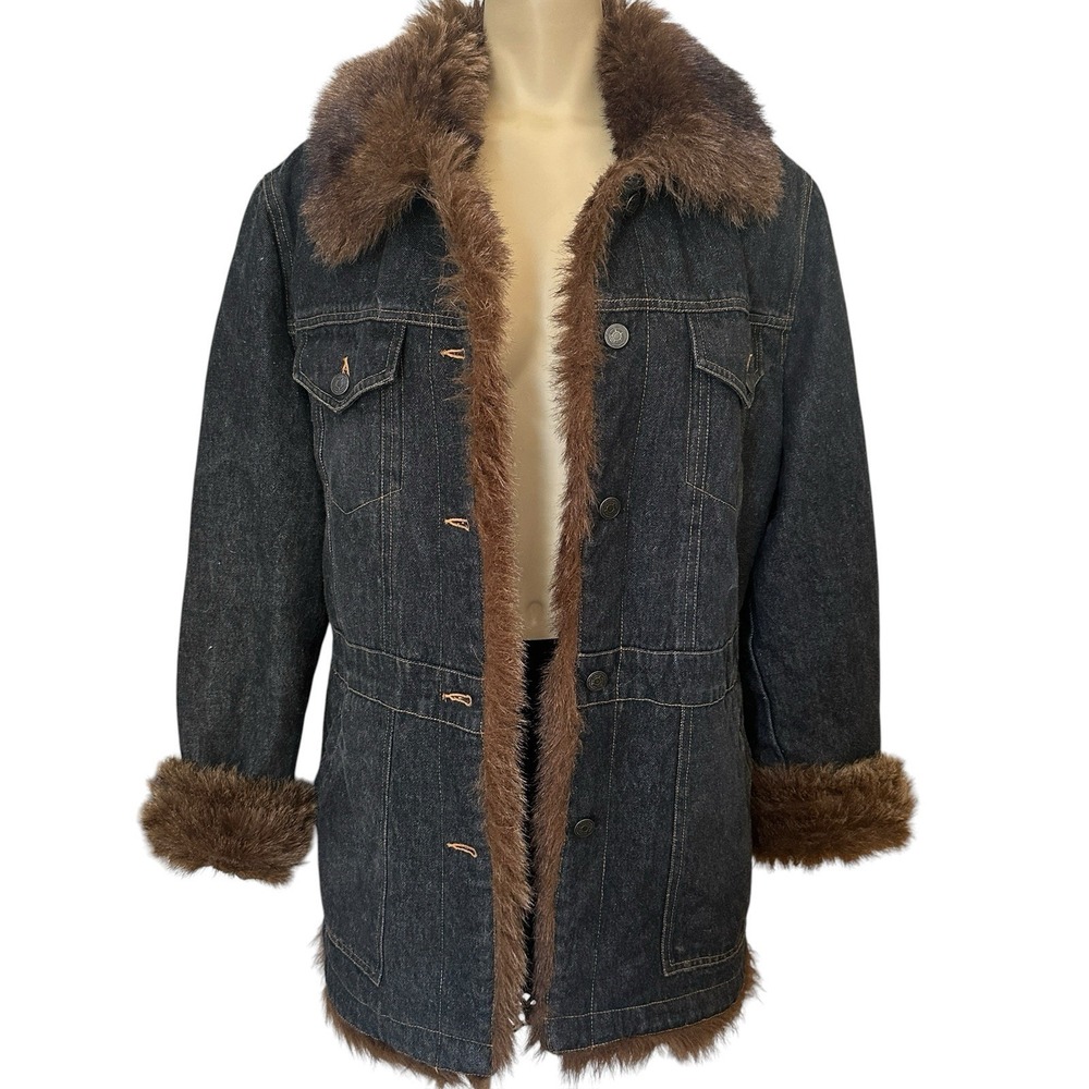 Marvin Richards Denim Jacket Women's Large Blue Excellent Faux Fur Trim Trucker
